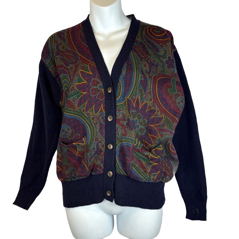 Ralph Lauren Navy Cardigan with Multicolor Paisley Panel